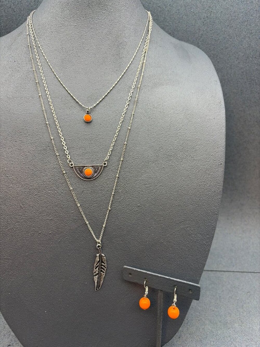 Layered Silver Necklace & Orange Bead Earrings Set Feather & Boho Tribal Pendant